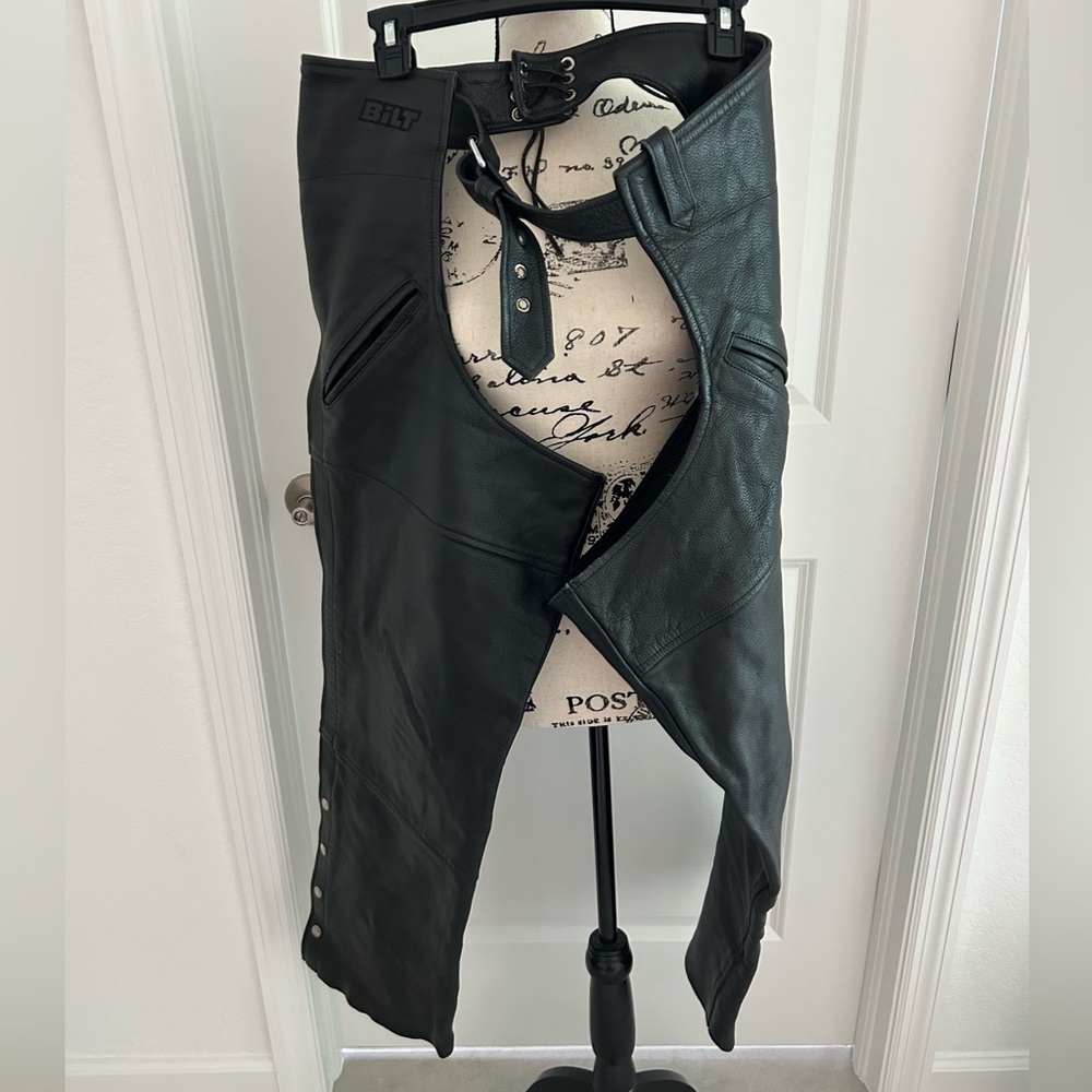 Black Leather Chaps with Snap Details